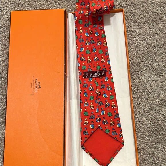Hermes Red Tie with Colorful Icons - Picture 3 of 3